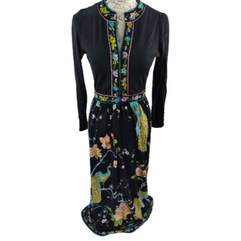 Vtg 1970s Maurice Peacock & Floral Black Novelty Print Gown Maxi Dress Sz 8 Read